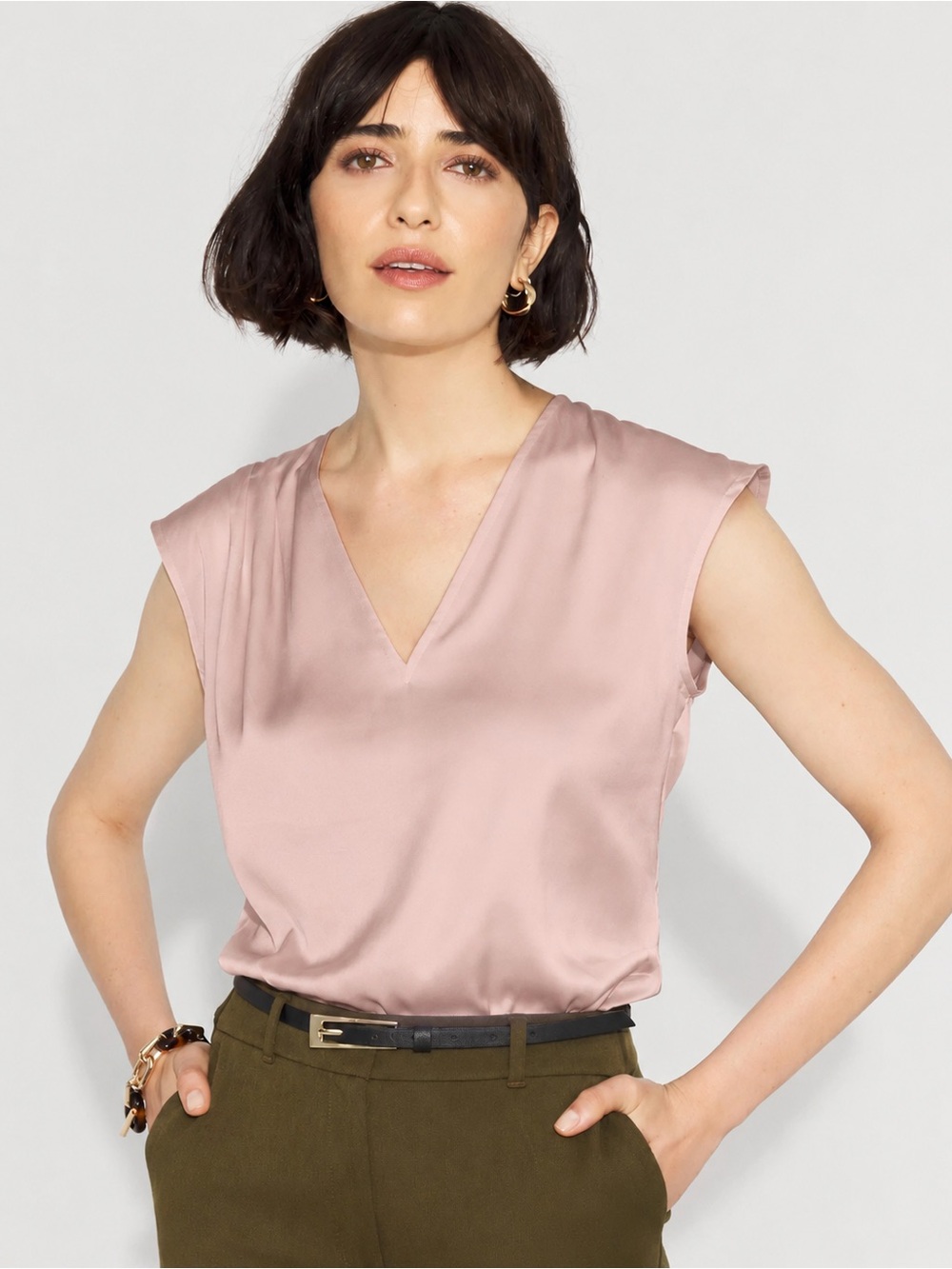 White House Black Market Blush Pink V-Neck Satin Blouse